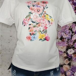 Floral Bear Graphic White T-Shirt